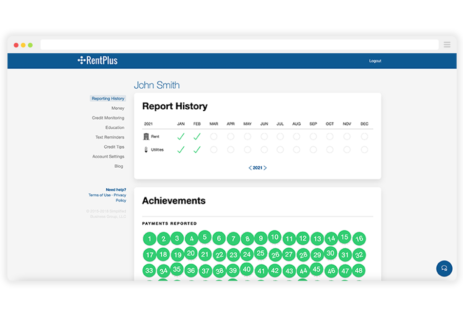 Screenshot taken of intuitive RentPlus rent reporting services provided by Rent Dynamics. Shown is the intuitive budgeting tools and schedule tool for paying utilities and on-time rent payments.