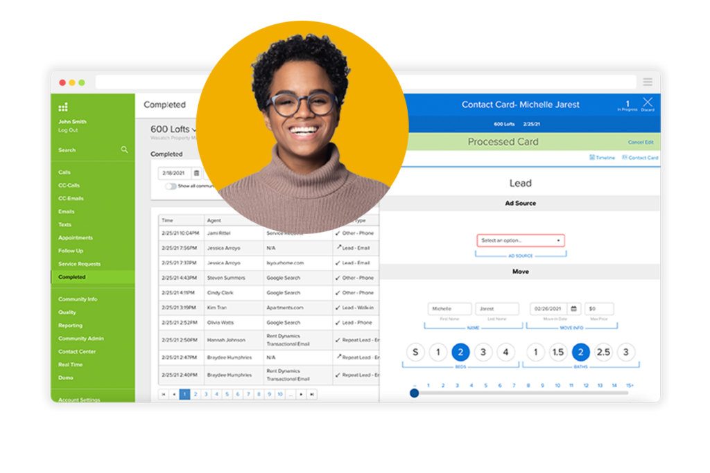 Photo with insight into Rent Dynamics CRM property management software. Shows a bright, young woman overlayed in an orange circle above a user-friendly, visually appealing UI design of a Multifamily CRM for apartment leasing.