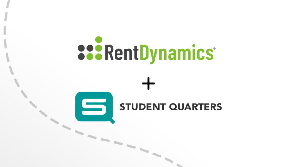 Student Quarters plus Rent Dynamics logos over dotted line background.