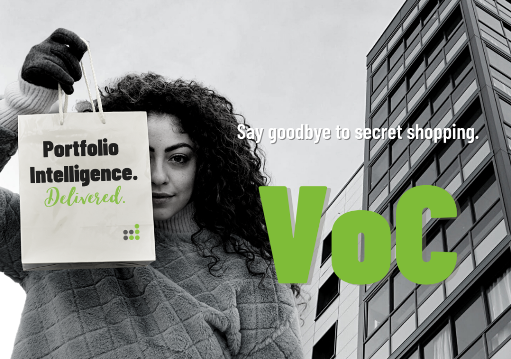 Woman holds bag as professional shopper. Bag reads "Portfolio Intelligence. Delivered." after the functionality of Rent Dynamics' new Voice of Customer (VoC) mystery shopping company. Text also reads "say goodbye to secret shopping" and "VoC".